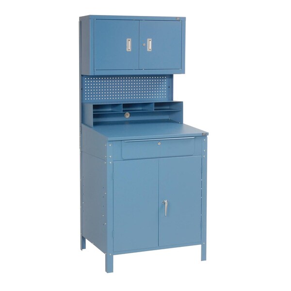 Global Industrial Shop Desk w/Lower Cabinet, Pigeonhole Compartments w/Upper Cabinet, 34-1/2W x 30D x 80H, Blue 249692 - main